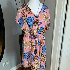 Tropical Pink Dress with Leaf Print